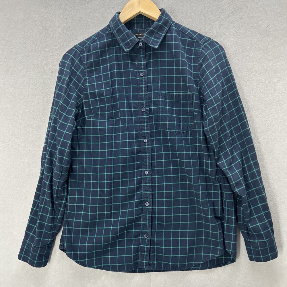 Banana Republic Flannel Shirt Women Small Button Up Blue Plaid Windowpane